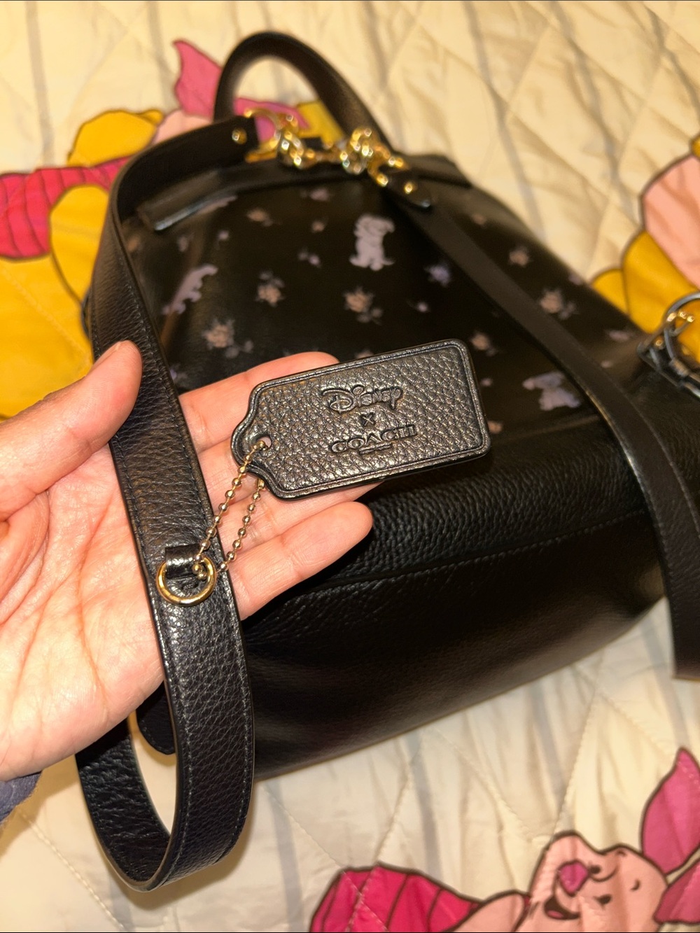 101 Dalmatian Coach Black Leather Backpack with Lavender & Floral Print - Picture 13 of 16